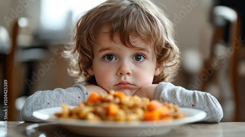 sad child sitting at the table, looking at a plate full of food