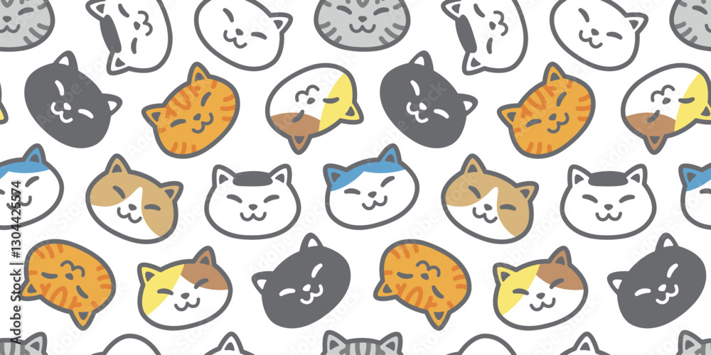 Fototapeta premium cat seamless pattern smiling face head kitten calico cartoon doodle pet tile background gift wrapping paper repeat wallpaper illustration