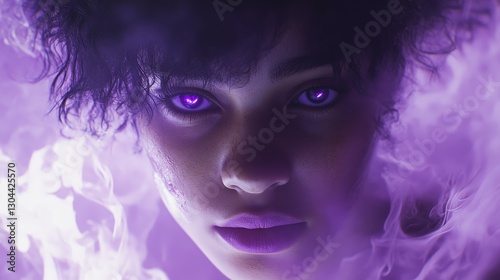 Mysterious Woman in Purple Haze - Close-up portrait of a woman with short dark curly hair, purple eyes, and purple lips, enveloped in purple smoke