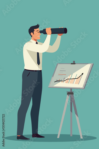Businessman with Binoculars Looking at Graph, Planning Strategy to Win Competition