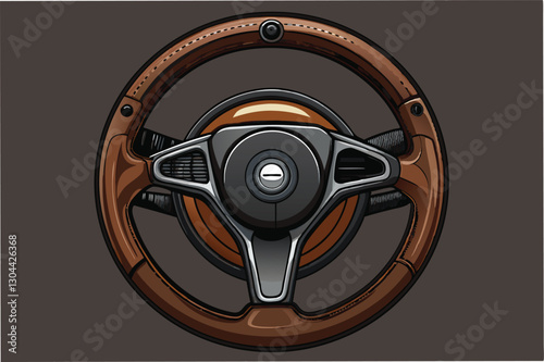 Stylish wooden steering wheel with modern design elements suitable for a car interior or racing theme