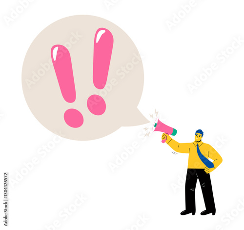 Business man shout on megaphone with big exclamation mark warning. Flat vector illustration isolated on white background