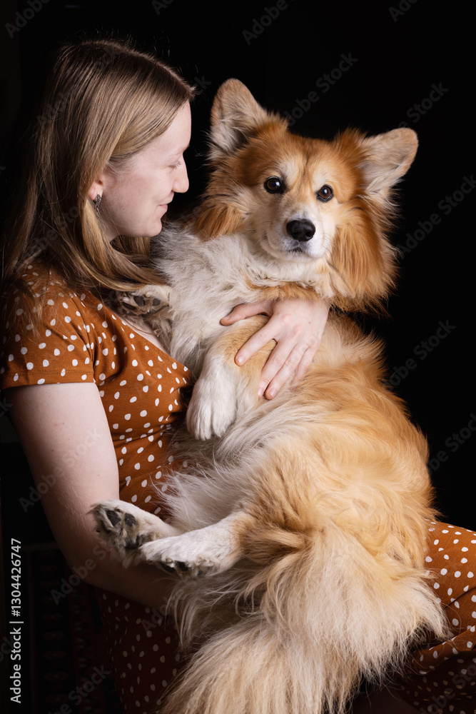 girl and dog corgi