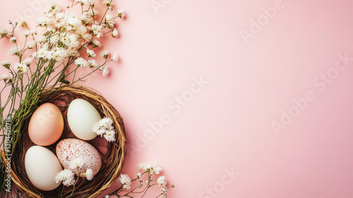 Easter background with Easter eggs and spring flowers. Top view with copy space.
