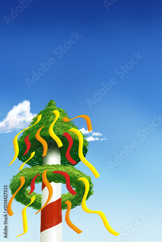 illustration of a cartoon maypole with colorful ribbons against a blue sky