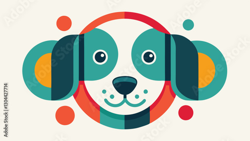 Cute vector illustration of a playful dog with vibrant colors against a light background, featuring simple geometric shapes and friendly expression