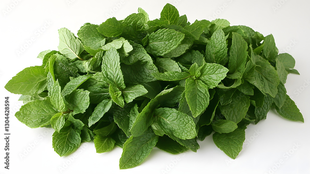 Fresh mint leaves arranged neatly on a clean white surface, showcasing their deep green color and delicate veins. Fresh mint leaves arranged neatly on a clean white surface, showcasing their deep green color and delicate veins.