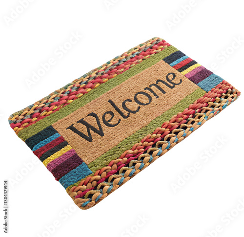 Colorful welcome mat with decorative border on a white background.