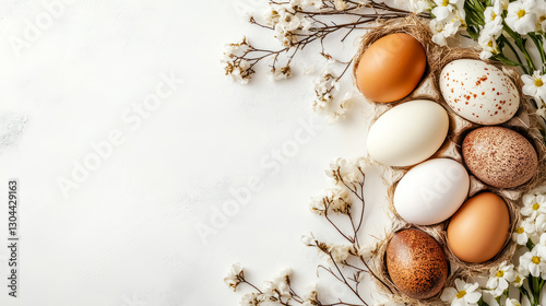 Easter background with Easter eggs and spring flowers. Top view with copy space.