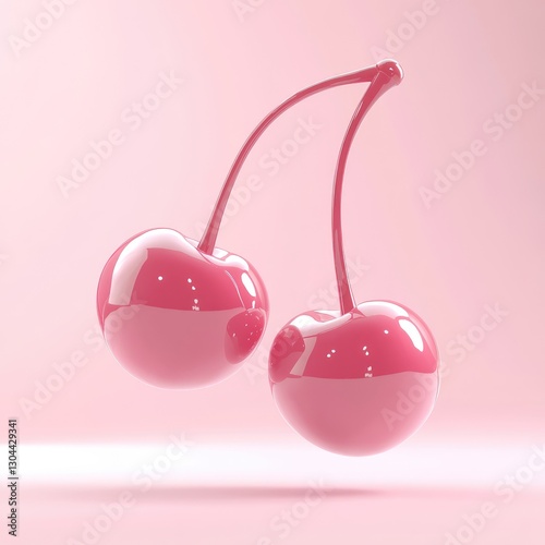 Two shiny red cherries with stems appear in a pink setting