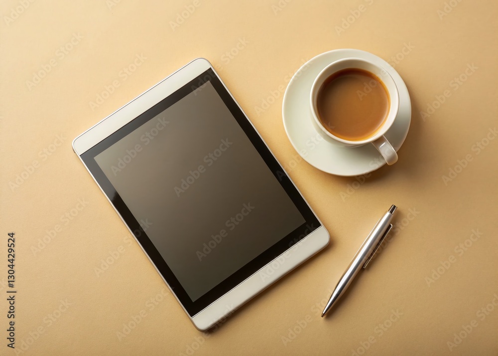 Aerial View: Order Confirmation on Tablet, Coffee, Pen - Beige Background Stock Photo Aerial View: Order Confirmation on Tablet, Coffee, Pen - Beige Background Stock Photo