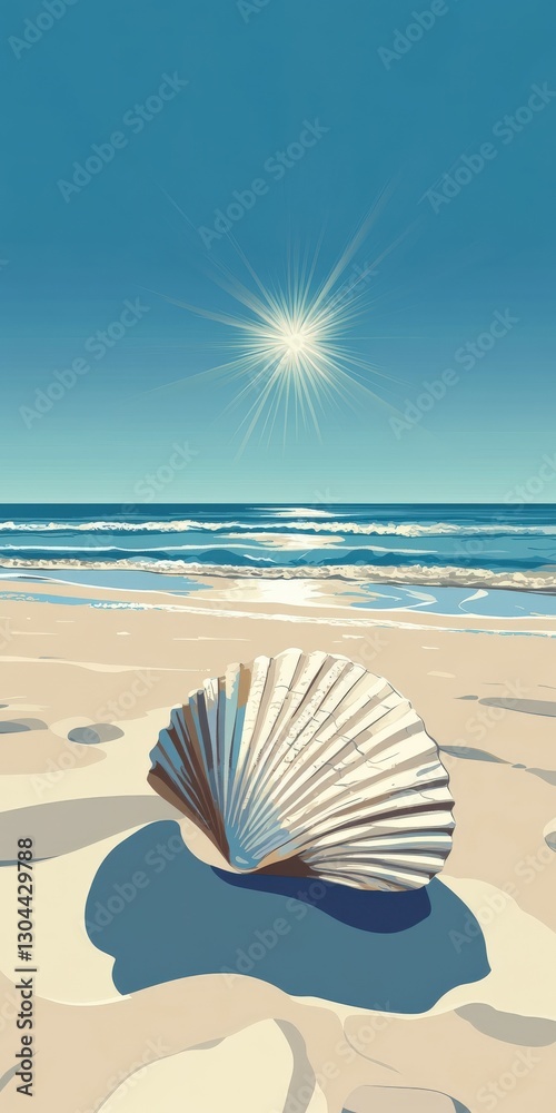 Shell resting on a sandy beach with sun reflecting on water