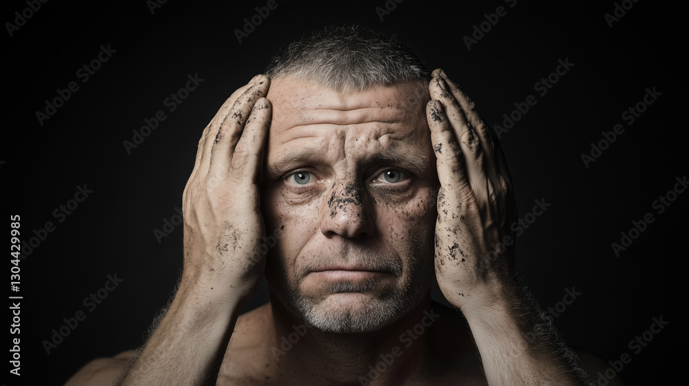 Deep in Thought: A middle-aged man with dirt on his face and hands, his expression reflecting a blend of introspection and concern, perhaps representing the weight of the world on his shoulders. Deep in Thought: A middle-aged man with dirt on his face and hands, his expression reflecting a blend of introspection and concern, perhaps representing the weight of the world on his shoulders.