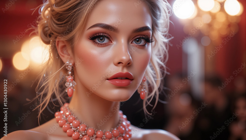 Fototapeta premium Stunning woman adorned with coral jewelry and elegant makeup, captivating portrait in luxurious evening setting