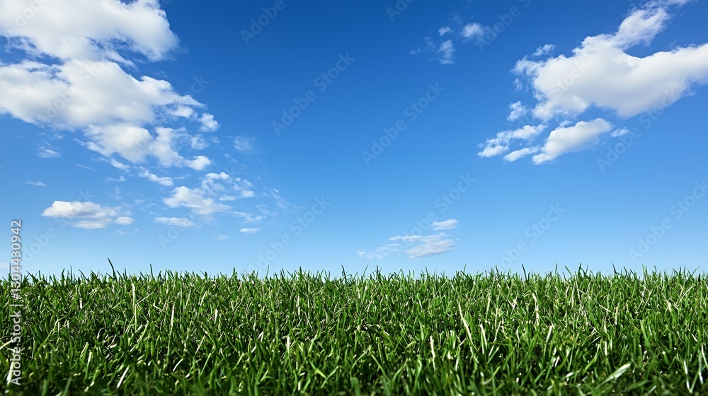 Vibrant Green Grass Field Under a Bright Blue Sky with Fluffy Clouds
