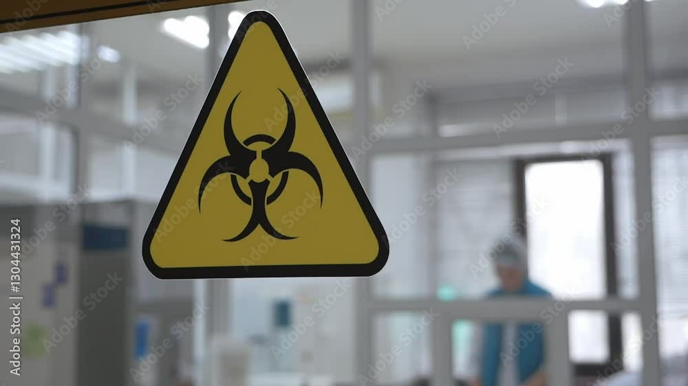 Yellow triangular chemical hazard sign on the glass door in the laboratory. A modern laboratory for analysis and testing.