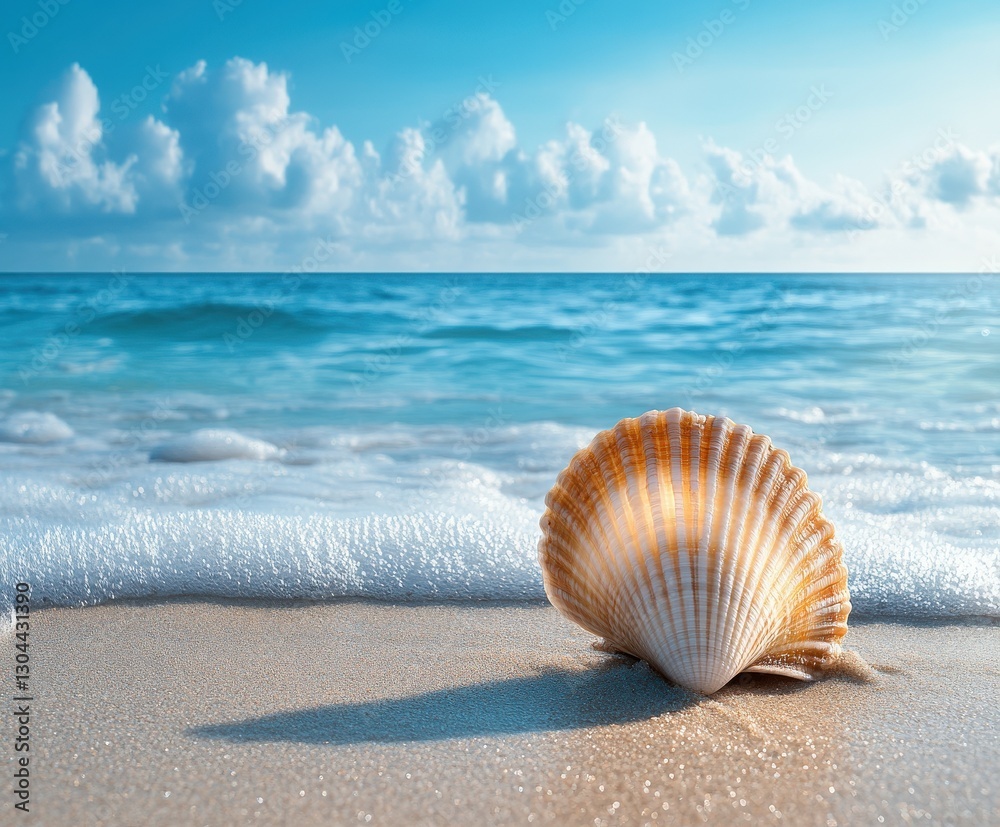 Beautiful seashell resting on sandy beach by calm ocean Beautiful seashell resting on sandy beach by calm ocean
