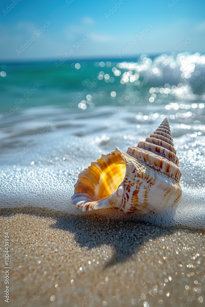 Colorful seashell on sandy beach near gentle waves Colorful seashell on sandy beach near gentle waves