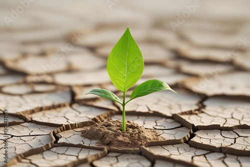 Hope and Sustainability; Green Leaf Sprouting from Dry, Cracked Soil Symbolizing Environmental Growth, Nature, and Renewable Energy; Sustainability & Eco-Friendly Concept