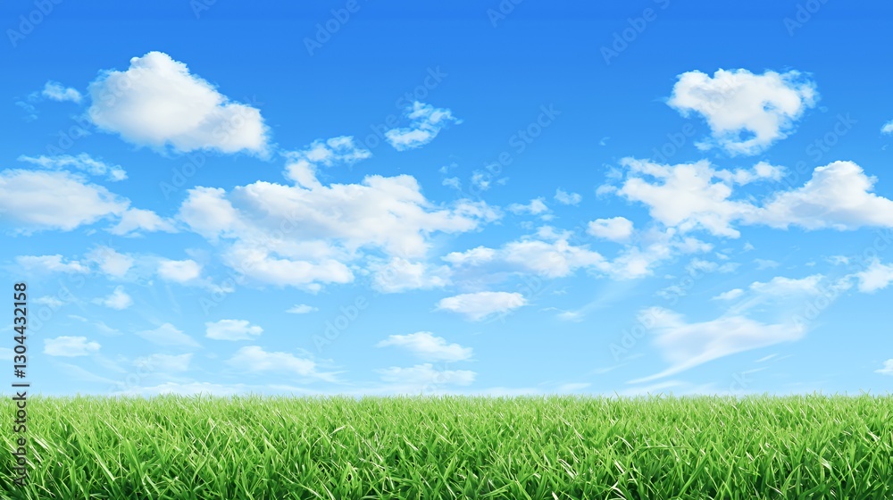 Vibrant Green Grass Field Under a Bright Blue Sky with Fluffy White Clouds Vibrant Green Grass Field Under a Bright Blue Sky with Fluffy White Clouds