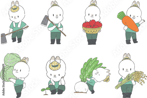 畑にいる農家のうさぎのキャラクターと野菜の手書きイラストセット
