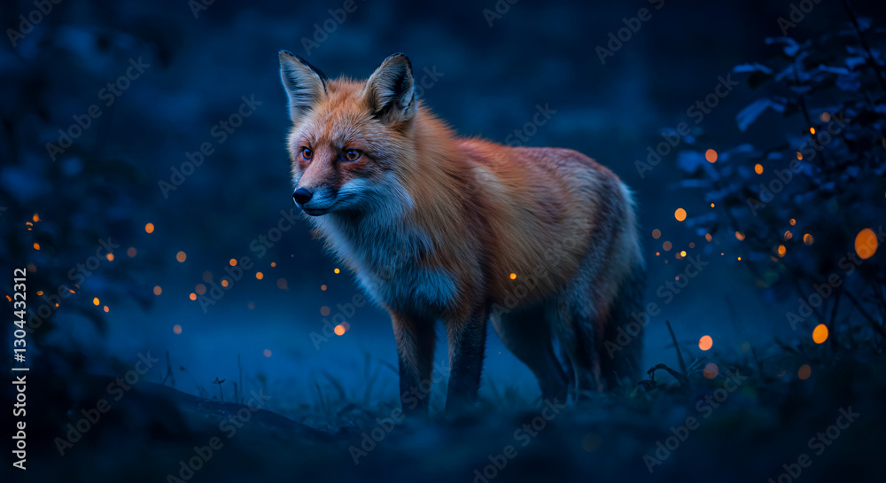 red fox standing in dark forest with glowing lights red fox standing in dark forest with glowing lights