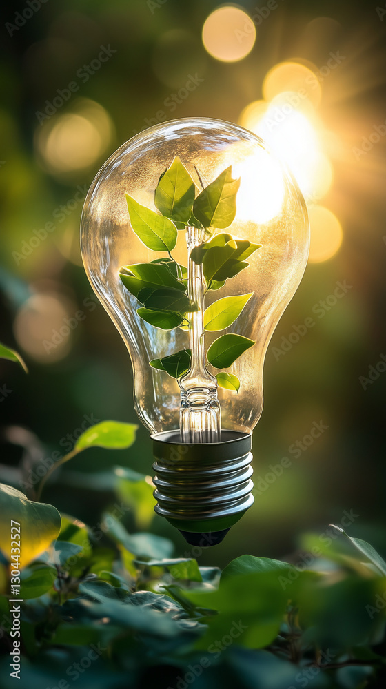 Bulb with sunlight and green leaves inside. Eco green sustainable and renewable energy for better future to celebrate World Environment Day on June 5