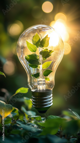 Obraz na płótnie Bulb with sunlight and green leaves inside. Eco green sustainable and renewable energy for better future to celebrate World Environment Day on June 5 w salonie