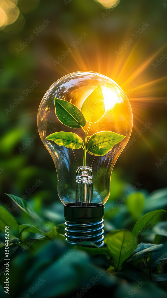 Bulb with sunlight and green leaves inside. Eco green sustainable and renewable energy for better future to celebrate World Environment Day on June 5