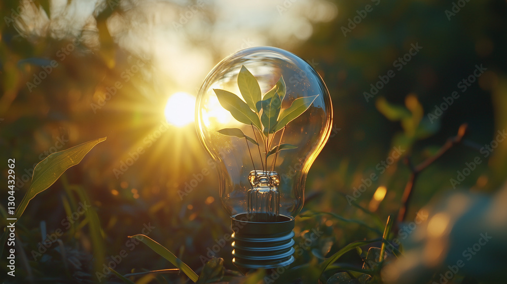 Bulb with sunlight and green leaves inside. Eco green sustainable and renewable energy for better future to celebrate World Environment Day on June 5