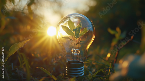 Obraz na płótnie Bulb with sunlight and green leaves inside. Eco green sustainable and renewable energy for better future to celebrate World Environment Day on June 5 w salonie