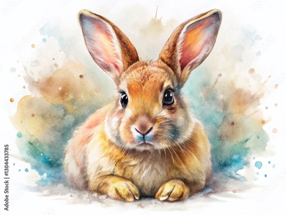 Aerial View Watercolor Painting Mini Rex Rabbit, White Background, Fluffy Pet Aerial View Watercolor Painting Mini Rex Rabbit, White Background, Fluffy Pet