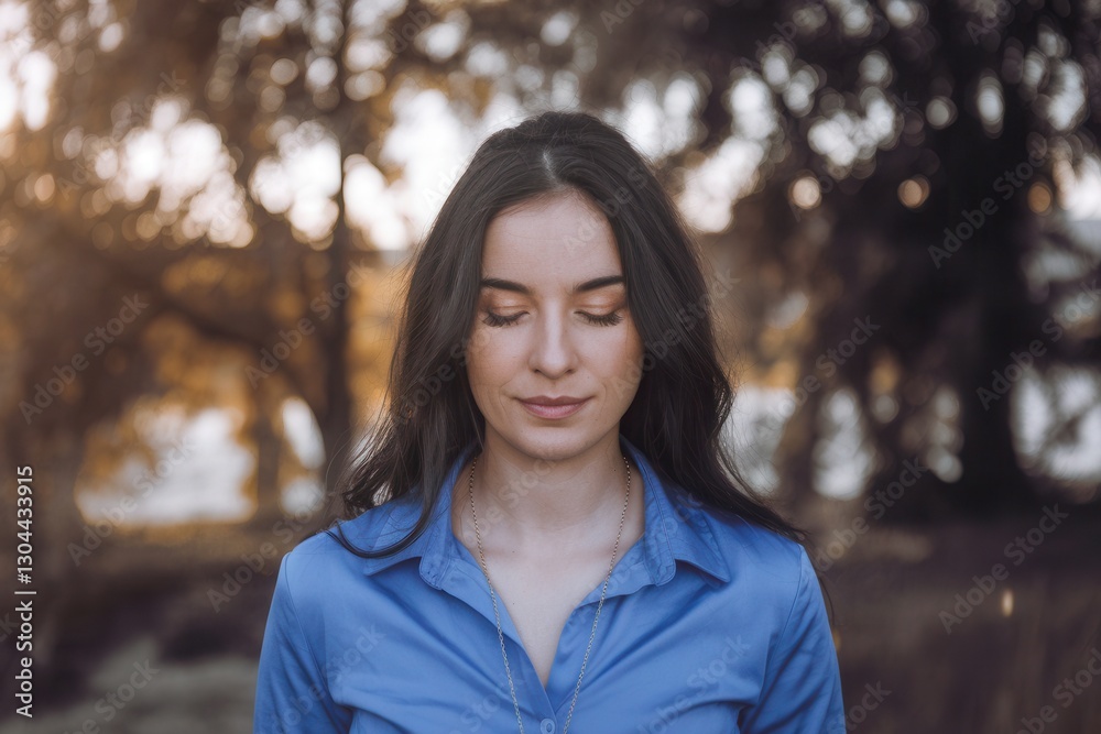 Serene portrait of a young woman with long dark hair and closed eyes in natural light