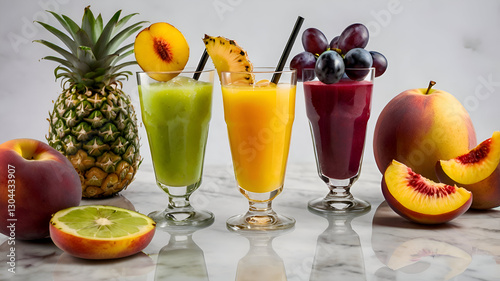 A vibrant collection of flavors, including pineapple, peach, grape, lime, and banana, served in glasses with garnishes of their respective fruitsa