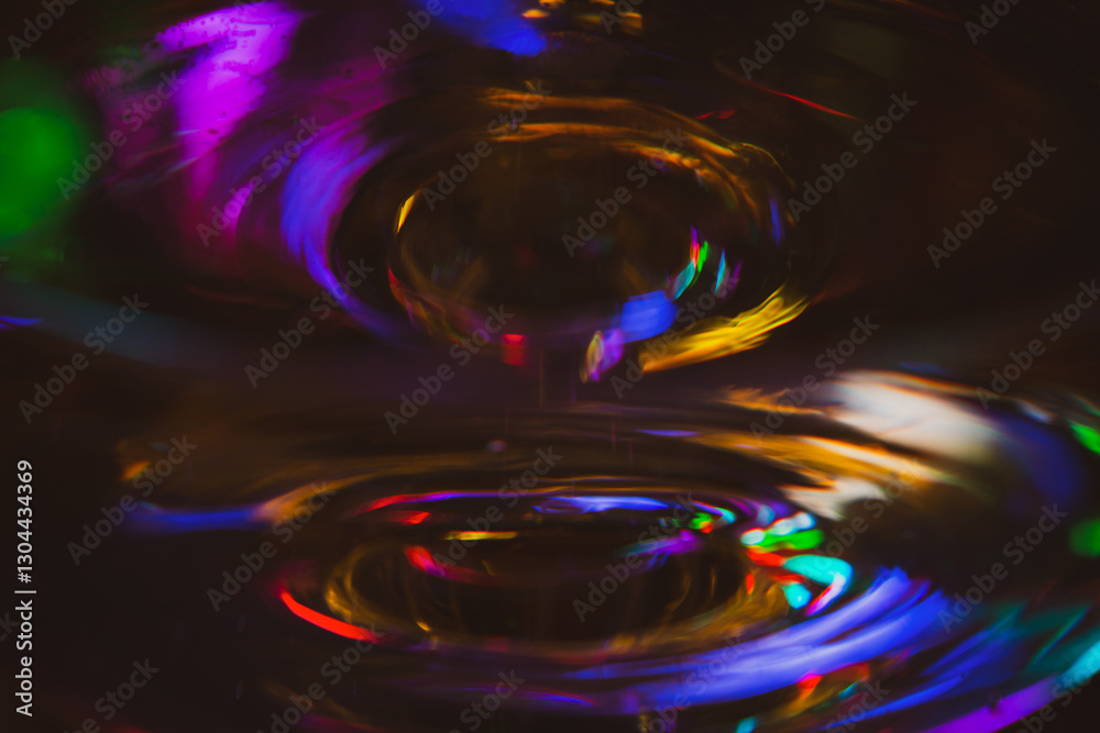 Abstract multicolour background. New Year lights. Blurred colourful light on champagne glass. Rainbow flash in dark. Futuristic shiny background. Illuminated effect. Bright glowing.