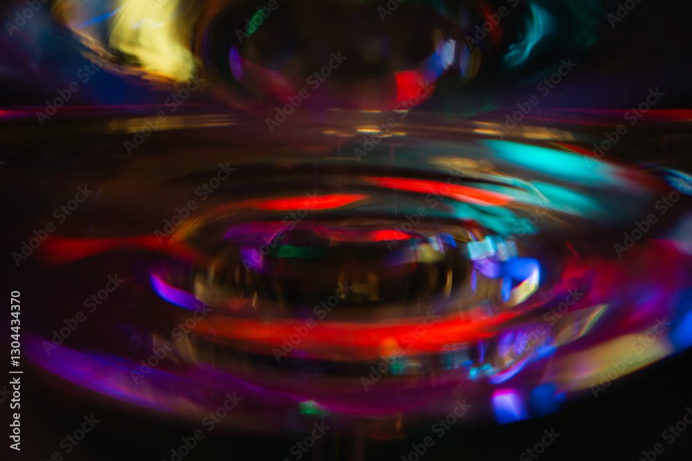 Abstract multicolour background. New Year lights. Blurred colourful light on champagne glass. Rainbow flash in dark. Futuristic shiny background. Illuminated effect. Bright glowing.