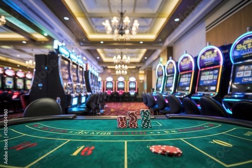 Luxury casino with slot machines and poker table in neon lights