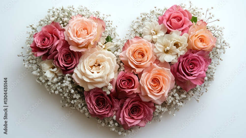 Pink rose heart floral arrangement, white background, wedding, romance Pink rose heart floral arrangement, white background, wedding, romance