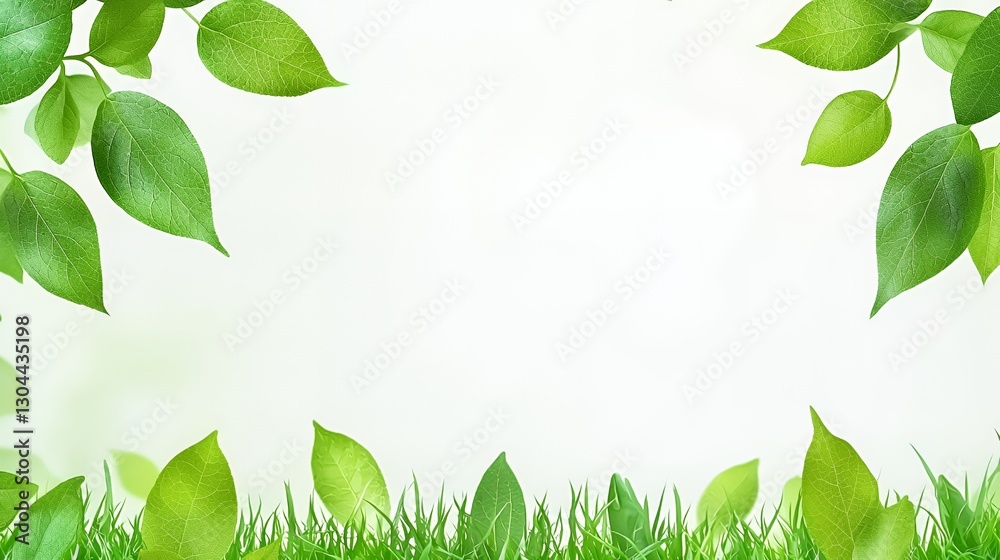 Vibrant Green Leaves and Grass Frame on White Background Vibrant Green Leaves and Grass Frame on White Background