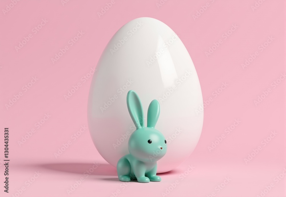Obraz premium Teal Rabbit and White Egg on Pink Background