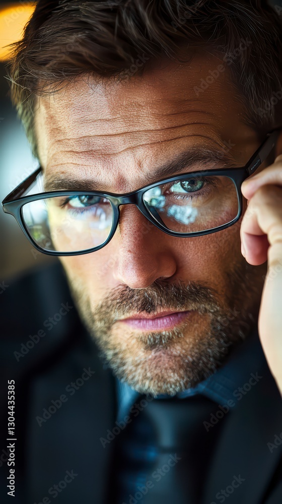 Focused Gaze: A portrait of a determined man in spectacles, capturing his focused gaze and contemplative expression. The reflection in his glasses hints at the world he observes. Focused Gaze: A portrait of a determined man in spectacles, capturing his focused gaze and contemplative expression. The reflection in his glasses hints at the world he observes.
