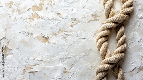 A vibrant, textured, white backdrop, adorned with a coiled rope, offering an open canvas for your creative vision, ready to be infused with copy, text, or design elements. photo