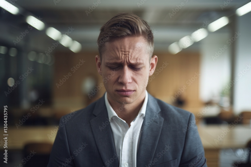 Fototapeta premium Stressed businessman in suit looking down in modern office environment