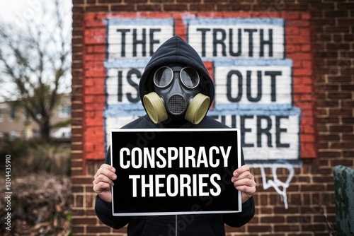Mysterious person in gas mask holding conspiracy theories sign in front of graffiti wall

