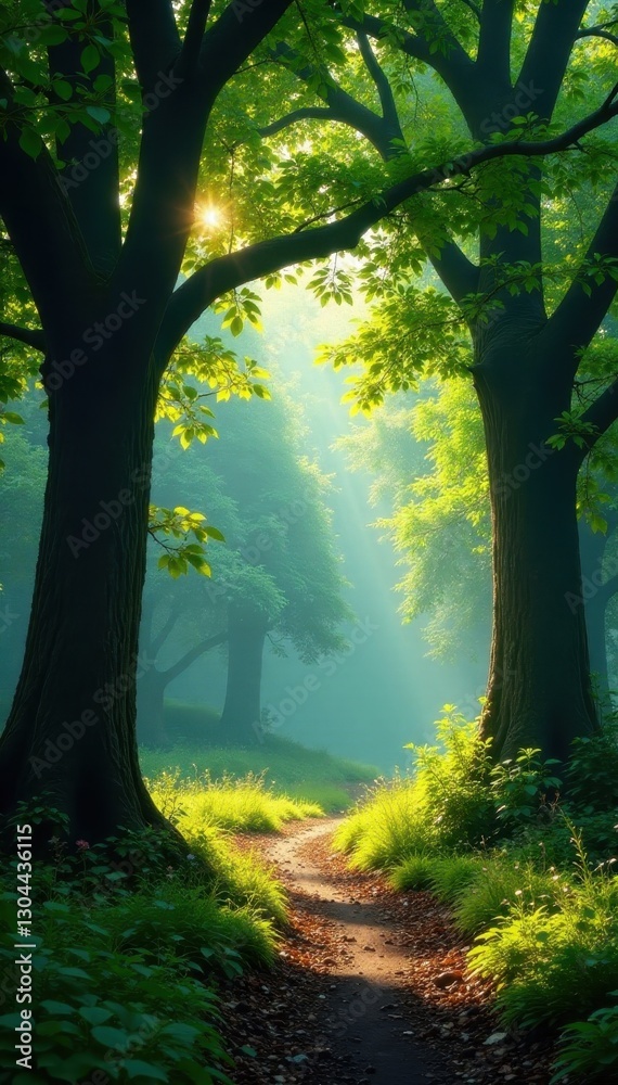 Naklejka premium Ancient trees, dappled light filtering through leaves, image, leaves, tranquil