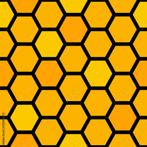 Vector honeycomb seamless pattern. Yellow hexagon print on black, honey orange background for fabric, textile, geometric wallpaper.