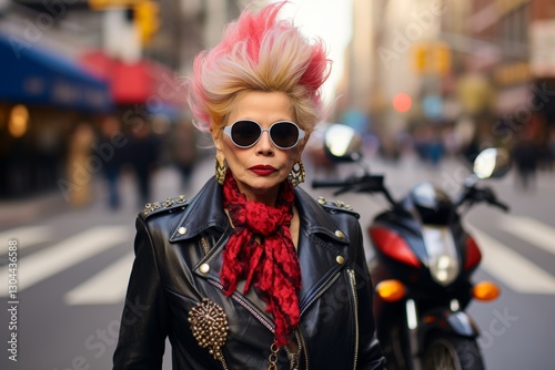 Vibrant 95 year old woman in leather jacket poses boldly with motorcycle, celebrating age and style