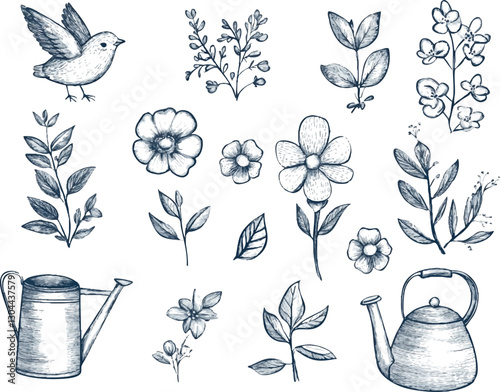 set of flowers and leaves