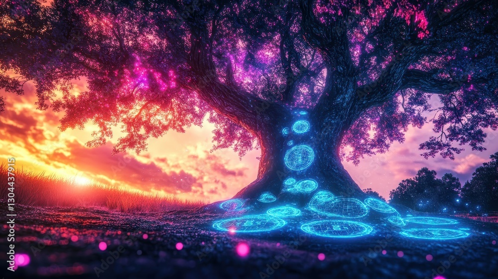 Fototapeta premium Vibrant forest with blockchain-like trees glowing under a breathtaking sunset