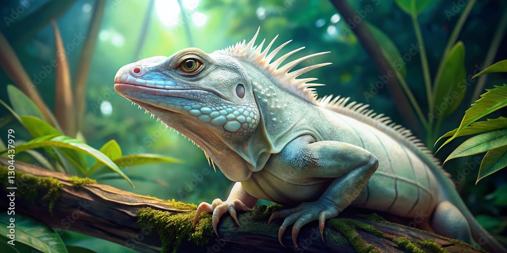 Obraz premium Albino Iguana on Branch, Tropical Rainforest, Exotic Reptile, Wildlife Photography, Nature Stock Photo